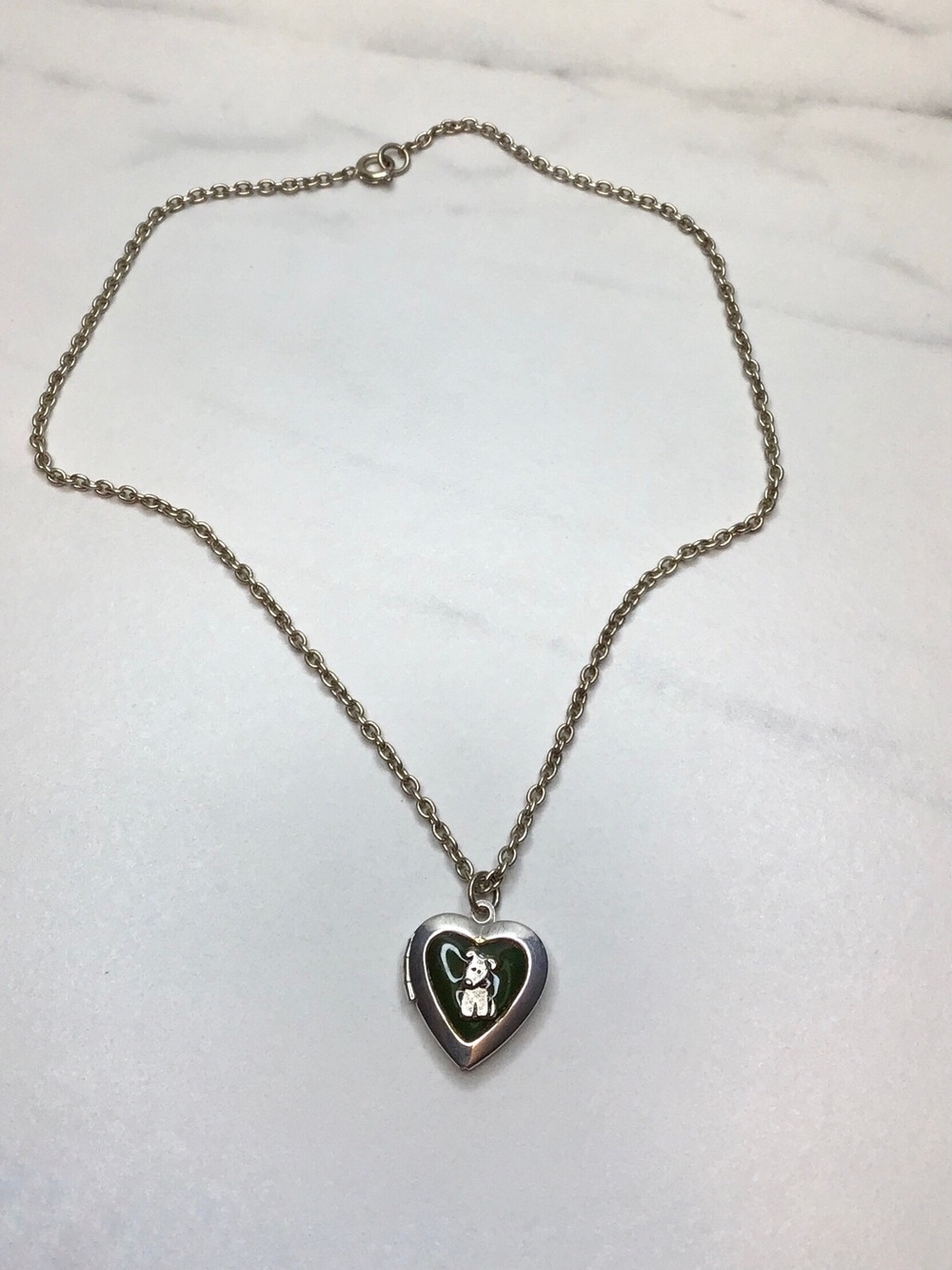 Vintage Puppy Dog Heart Locket Pendant Necklace Warm Silver Tone